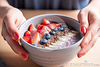 a hand sprinkle chia seeds onto a smoothie acai bowl Stock Photo