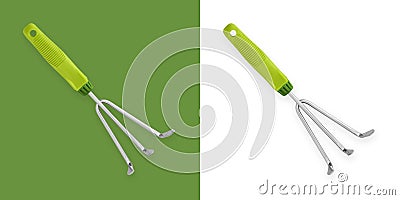 Hand spud rake with plastic green grip, weeding and turning soil, garden tool equipment isolated on white background for Stock Photo