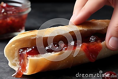 Hand Squeezing Jelly Tube Onto Bread. Generative AI Stock Photo