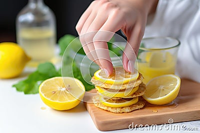 hand squeezing lemon onto vegan pancakes Stock Photo