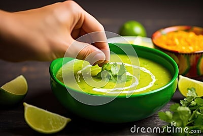 hand squeezing lime slice over ready soup Stock Photo