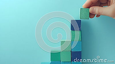Hand stacking colorful blocks to create a bar graph, business concept Stock Photo