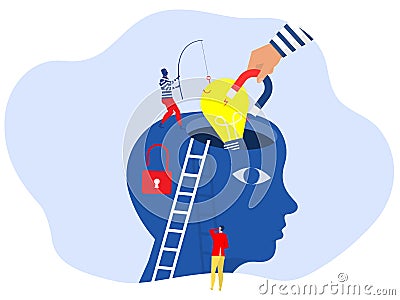 Hand stealing idea light bulbs from head withTheft of ideas and lies. Crime and copyright infringement, Idea concept Cartoon flat Vector Illustration