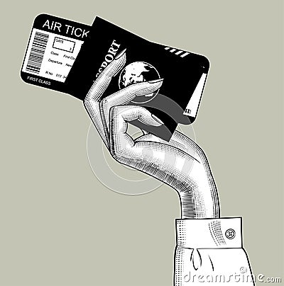 Hand of stewardess with passport and air ticket Vector Illustration