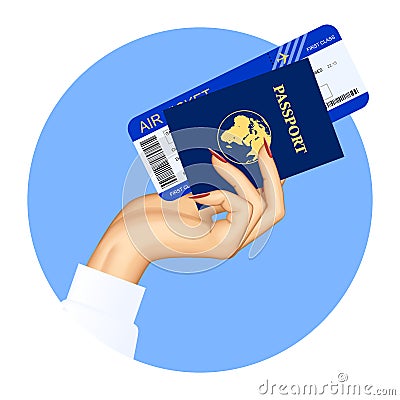 Hand of stewardess with passport and air ticket on round blue ba Vector Illustration