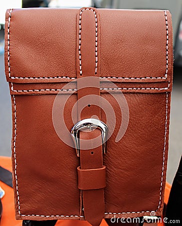Hand stitched brown leather bag Stock Photo