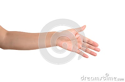 A hand stretched out in front of a white background to make a handshake Stock Photo