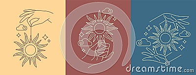 hand and sun line art design collection Vector Illustration