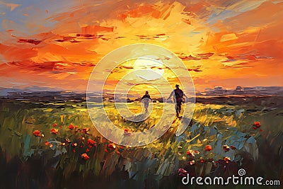 Hand in Hand: A Sunset Stroll Through the Endless Fields of Love Stock Photo