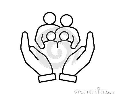 Hand support family community, kinship line icon. Care, protection, help parents and children in family. Generational Vector Illustration