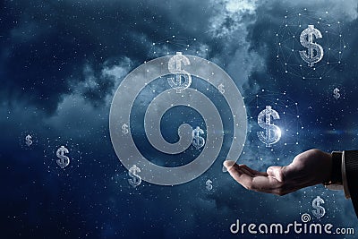 Hand supports the dollar hologram on the background of outer space Stock Photo