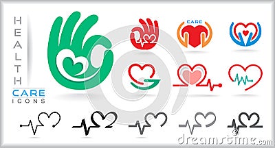 Hand symbols with little hearts and their heart beats. Lines drawing of heart shapes and heart lines. Vector Illustration