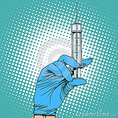 Hand with a syringe injection vaccination medicine Vector Illustration