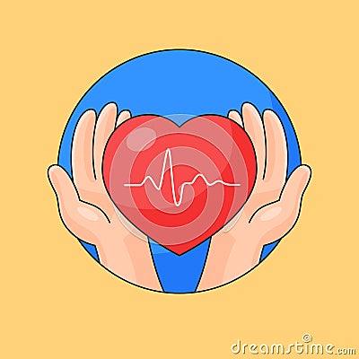 Hand take care heart beat healthy vector outline cartoon style illustration Vector Illustration