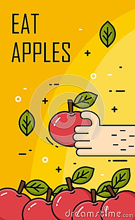 Hand takes apple from a lot of apples. Thin line flat design. Vector banner Vector Illustration