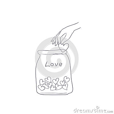 Hand takes out a heart with love from a glass jar. Vector Illustration