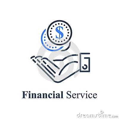 Hand taking coins, give money, donation concept, debt refinance, loan payment, budget expenses Vector Illustration