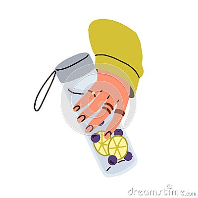 Hand taking own glass bottle, water infused with fresh fruits, berries. Hold healthy homemade lemonade, detox drink with Vector Illustration