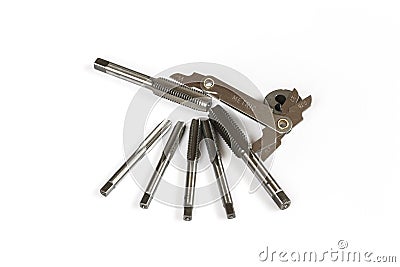 Hand tap threading tool with thread gauge. Stock Photo