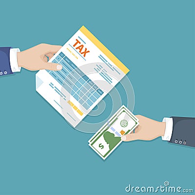 Hand with Tax form and cash banknotes. Unfilled, minimalistic form of the document. Payment of bills, invoices, tax return Vector Illustration