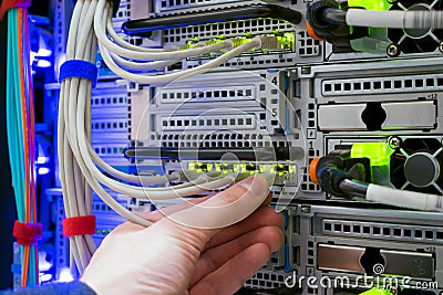 The hand of a technician with a communication Internet wire is a close-up. Connection of trunk cables to the network interface of Stock Photo