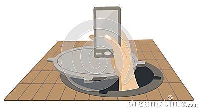 Hand with a telephone rising from the sewer manhole concept illustration Vector Illustration