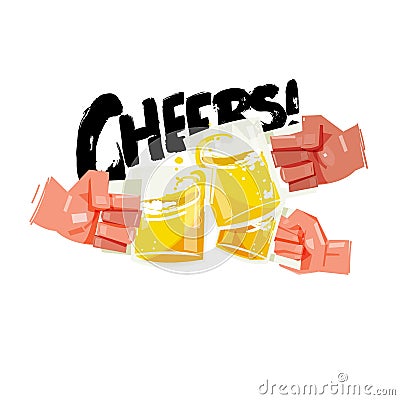 Hand with three full beer cups. Happy friends clinking with beer mugs come with typographic. cheers concept - vector illustration Vector Illustration