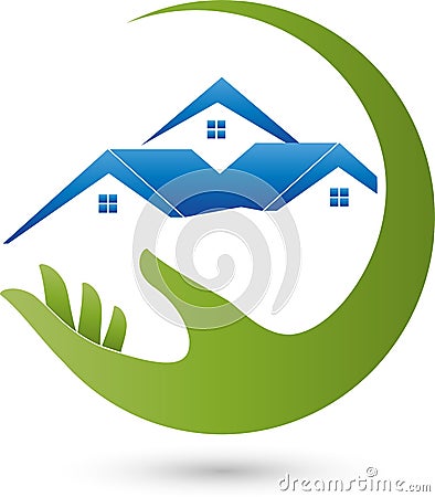 Hand and three houses, real estate and houses Logo Stock Photo