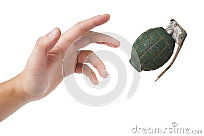 Hand throwing a green grenade on white Stock Photo