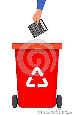 Hand throws the calculator into the Red Bin with recycling symbol for e-waste. Garbage sorting. Vector illustration for zero waste Vector Illustration