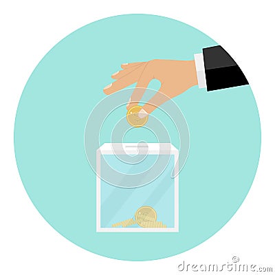 The hand throws a coin into the box for donations Vector Illustration