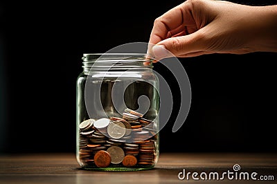 A hand throws coins into a jar with coins. Savings, capital Stock Photo