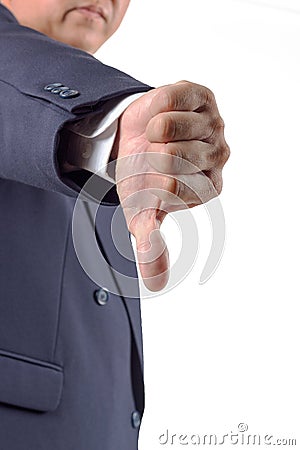 Hand thumb down by businessman. Rejection symbol Stock Photo