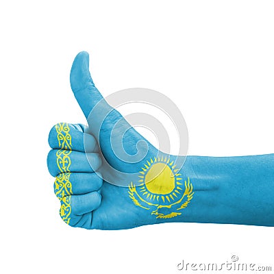 Hand with thumb up, Kazakhstan flag painted Stock Photo