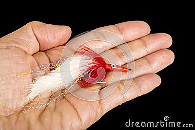 Hand Tied Fishing Flies in the Palm of the Hand Stock Photo