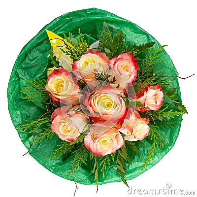 Hand tied rose bouquet with green tissue paper Stock Photo