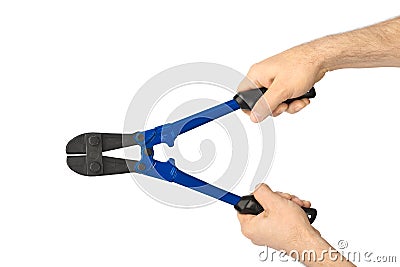 Hand with tool bolt cutters Stock Photo