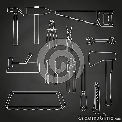 Hand tools outline icons on chalkboard eps10 Vector Illustration