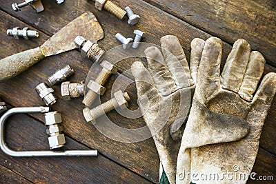 Hand tools set or Work tools set background, Tools in industry job for general work or hard work. personal protection equipment Stock Photo