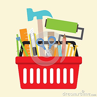 Hand Tools In Shopping Basket Vector Illustration
