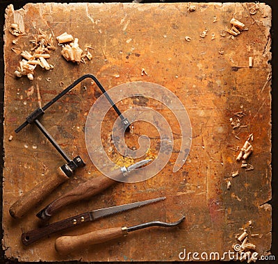 Hand tools Wood on an old wooden workbench Stock Photo