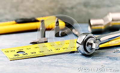 Hand tools on a wooden background. Stock Photo