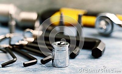 Hand tools on a wooden background. Stock Photo