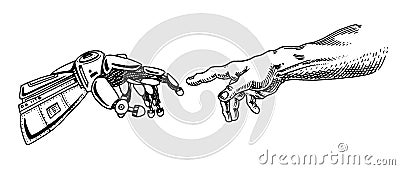 Hand touch. Android and human. Artificial intelligence Banner. Bionic arm poster. Future technology. Vintage Engraved Vector Illustration