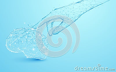 Hand touch Brain form lines and triangles, point connecting network on blue background. Vector Illustration