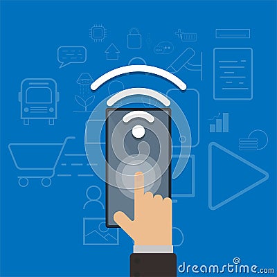 hand touch mobile phone open wifi connection,control technology wifi,smart connection technology,remote control device Vector Illustration