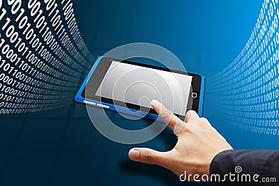 Hand Touch mobile Screen with digital pattern Stock Photo