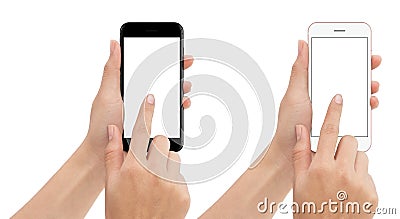 Hand touch phone isolated with clipping path on white background Stock Photo