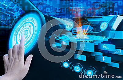 Hand touch screen dashboard graphic user interfaceGUIdigital hologram,virtual screen system HUDHead Up Displayof futuristic Stock Photo