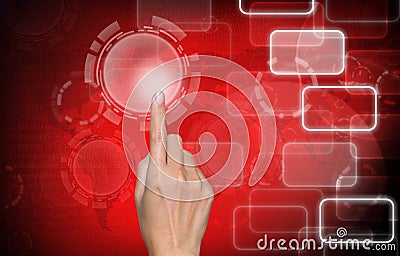 Hand touch screen on red icons background Stock Photo